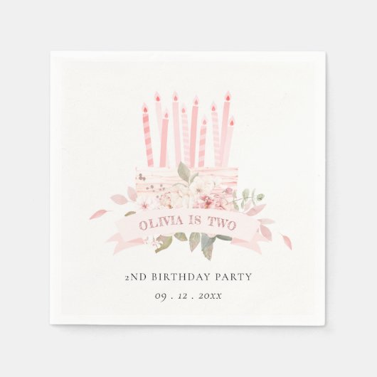 ソフト赤面フローラケーキキャンドル任意の年齢誕生日 スタンダードカクテルナプキン (正面)