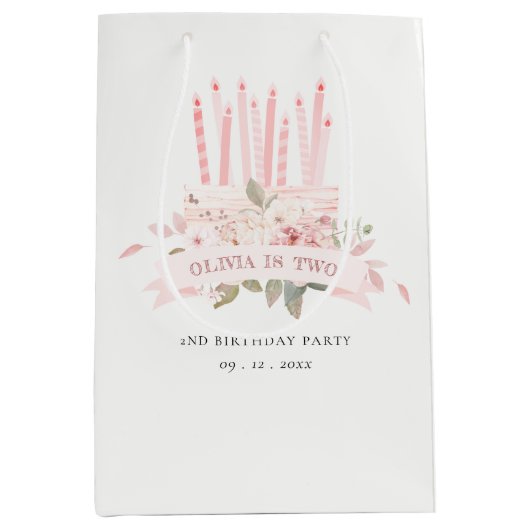 ソフト赤面フローラケーキキャンドル任意の年齢誕生日 ミディアムペーパーバッグ (正面)