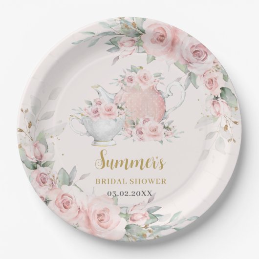 ソフト赤面フローラハイティーパーティーブライダルシャワー ペーパープレート (正面)