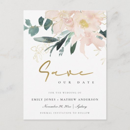 ソフト赤面フローラバンチ水色保存日付 案内ポストカード (正面)