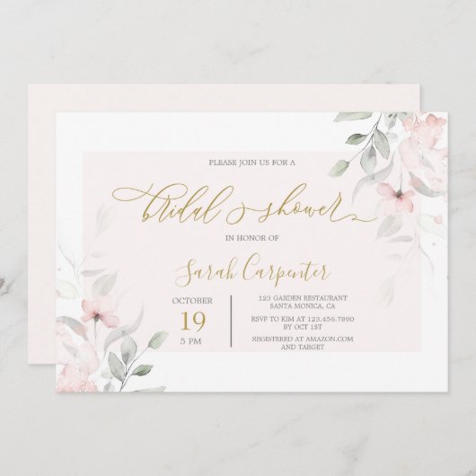 ソフト赤面フローラブライダルシャワー 招待状 (正面/裏面)
