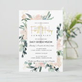 ソフト赤面フローラ水の色の最初の神聖な聖餐式 招待状 (スタンド正面)