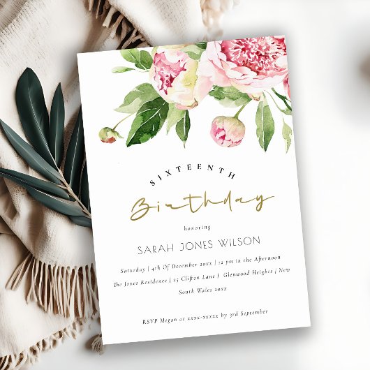 ソフト赤面フローラ牡丹任意エイジスウィート16誕生日 招待状