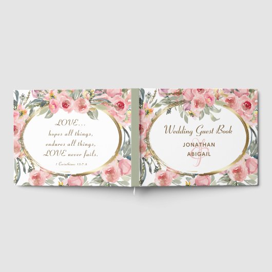 ソフト赤面フローラ金ゴールドフレームクリスチャン結婚ズ ゲストブック (全面)