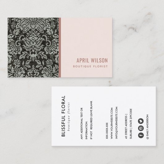 ソフト赤面ブラック及びホワイトダマスク花柄 名刺 (正面/裏面)