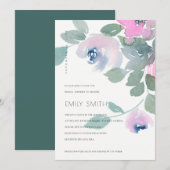 ソフト赤面ブルーグリーンフローラブライダルシャワー招待状 サンキューカード (正面/裏面)