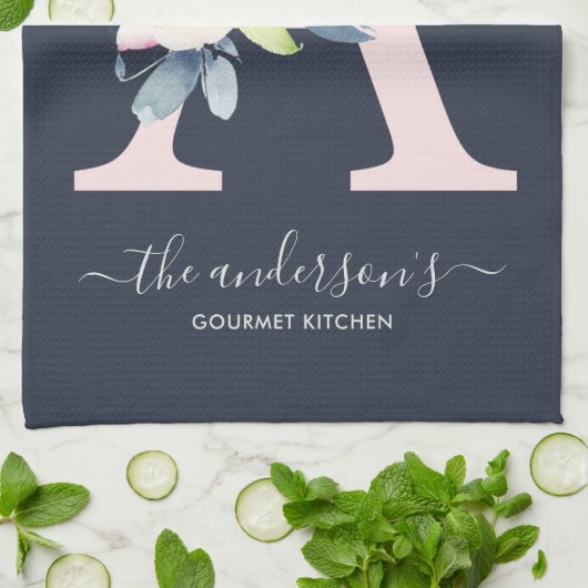 ソフト赤面ブルーネイビーフローラアルファベット文字A キッチンタオル (折り畳み)