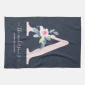 ソフト赤面ブルーネイビーフローラアルファベット文字A キッチンタオル (横)