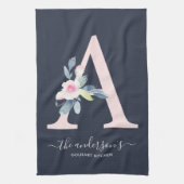 ソフト赤面ブルーネイビーフローラアルファベット文字A キッチンタオル (縦)