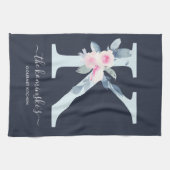 ソフト赤面ブルーネイビーフローラアルファベット文字K キッチンタオル (横)