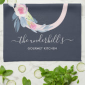 ソフト赤面ブルーネイビーフローラアルファベットU キッチンタオル (折り畳み)