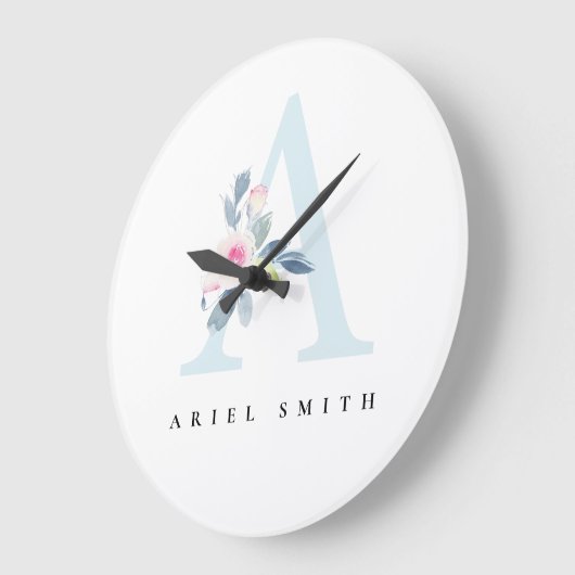 ソフト赤面ブルーフローラアルファベット名文字A ラージ壁時計 (傾斜)