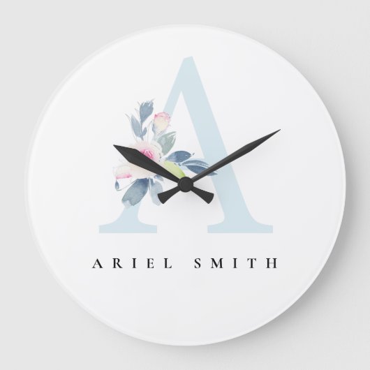 ソフト赤面ブルーフローラアルファベット名文字A ラージ壁時計 (正面)