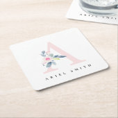 ソフト赤面ブルーフローラアルファベット名A スクエアペーパーコースター (アングル)