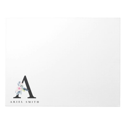 ソフト赤面ブルーフローラアルファベット名A ノートパッド (正面)