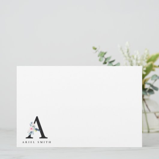 ソフト赤面ブルーフローラアルファベット名A 便箋 (スタンド正面)