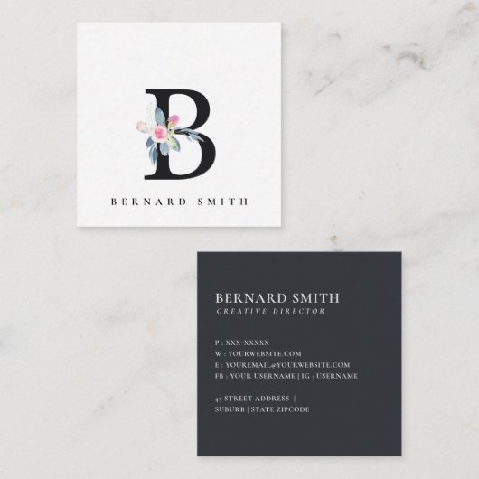 ソフト赤面ブルーフローラアルファベット名B スクエア名刺 (正面/裏面)