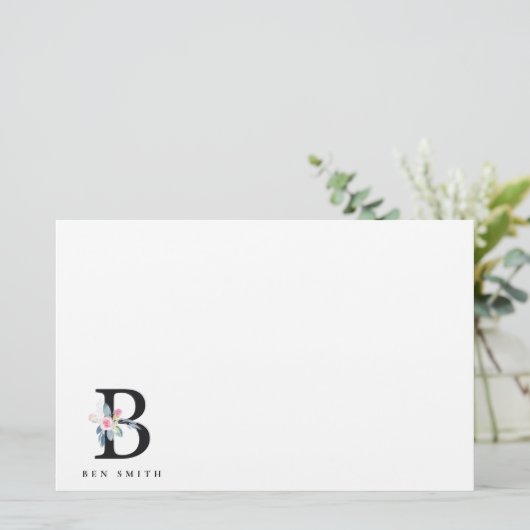 ソフト赤面ブルーフローラアルファベット名B 便箋 (スタンド正面)