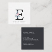 ソフト赤面ブルーフローラアルファベット名E スクエア名刺 (正面/裏面)