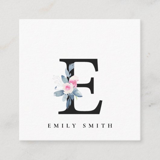 ソフト赤面ブルーフローラアルファベット名E スクエア名刺 (正面)
