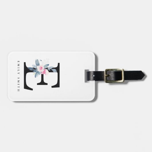 ソフト赤面ブルーフローラアルファベット名E ラゲッジタグ (正面横)