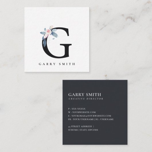 ソフト赤面ブルーフローラアルファベット名G スクエア名刺 (正面/裏面)