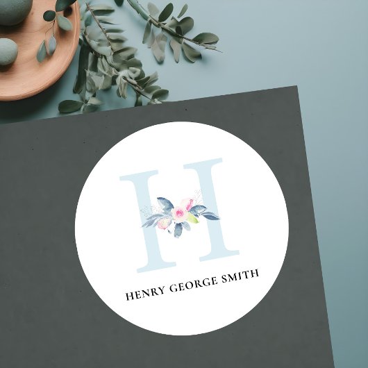 ソフト赤面ブルーフローラアルファベット名H ラウンドシール
