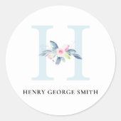 ソフト赤面ブルーフローラアルファベット名H ラウンドシール (正面)