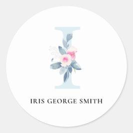 ソフト赤面ブルーフローラアルファベット名I ラウンドシール