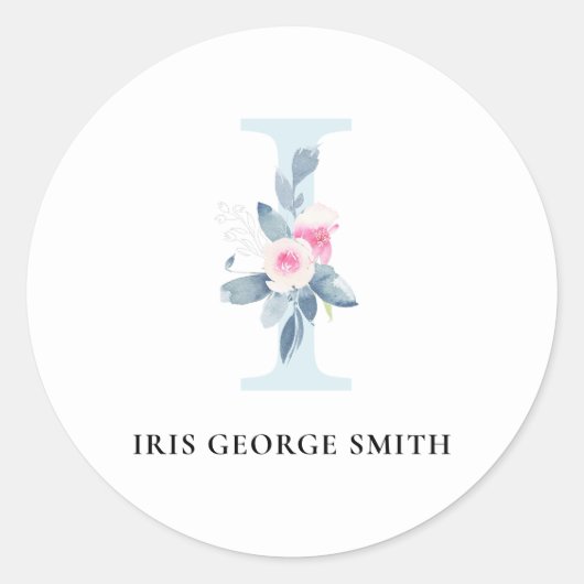 ソフト赤面ブルーフローラアルファベット名I ラウンドシール (正面)