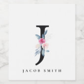 ソフト赤面ブルーフローラアルファベット名J ワインラベル (シングルラベル)