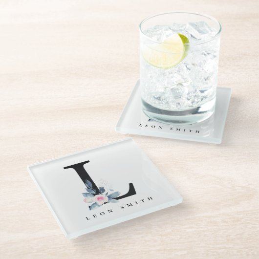 ソフト赤面ブルーフローラアルファベット名L ガラスコースター (アングル)