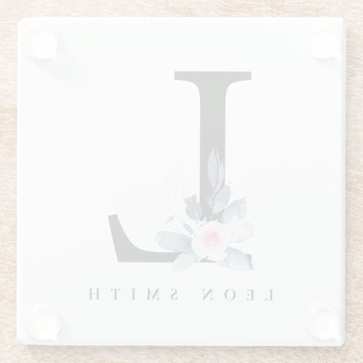 ソフト赤面ブルーフローラアルファベット名L ガラスコースター (裏面)