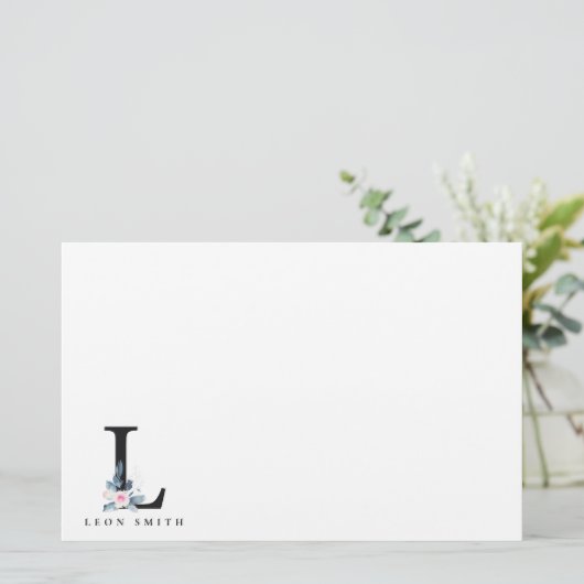 ソフト赤面ブルーフローラアルファベット名L 便箋 (スタンド正面)