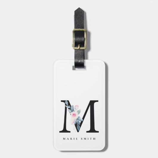 ソフト赤面ブルーフローラアルファベット名M ラゲッジタグ (正面縦)