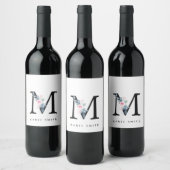 ソフト赤面ブルーフローラアルファベット名M ワインラベル (ボトル)