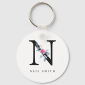 ソフト赤面ブルーフローラアルファベット名N キーホルダー (正面)