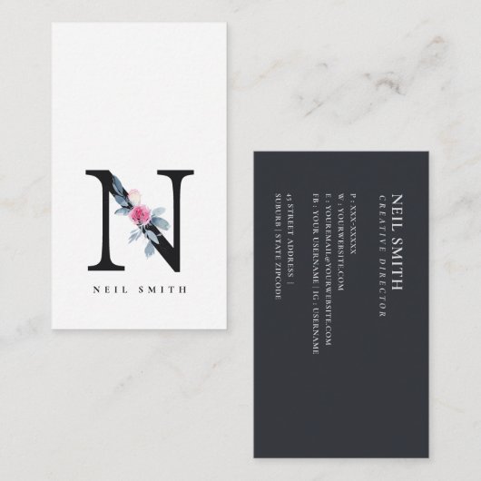 ソフト赤面ブルーフローラアルファベット名N 名刺 (正面/裏面)