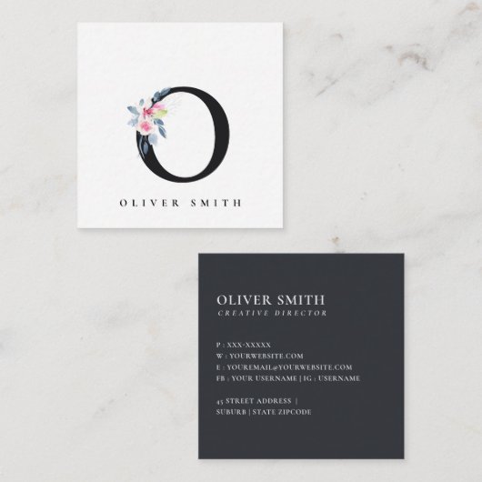 ソフト赤面ブルーフローラアルファベット名O スクエア名刺 (正面/裏面)