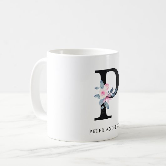ソフト赤面ブルーフローラアルファベット名P コーヒーマグカップ (正面左)