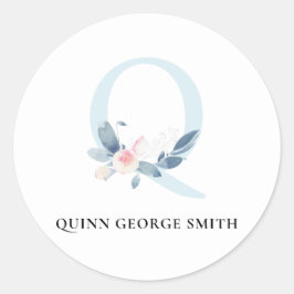 ソフト赤面ブルーフローラアルファベット名Q ラウンドシール