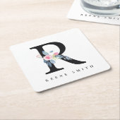 ソフト赤面ブルーフローラアルファベット名R スクエアペーパーコースター (アングル)