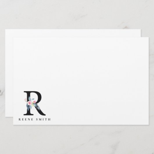 ソフト赤面ブルーフローラアルファベット名R 便箋 (正面/裏面)