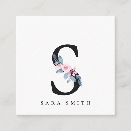 ソフト赤面ブルーフローラアルファベット名S スクエア名刺 (正面)