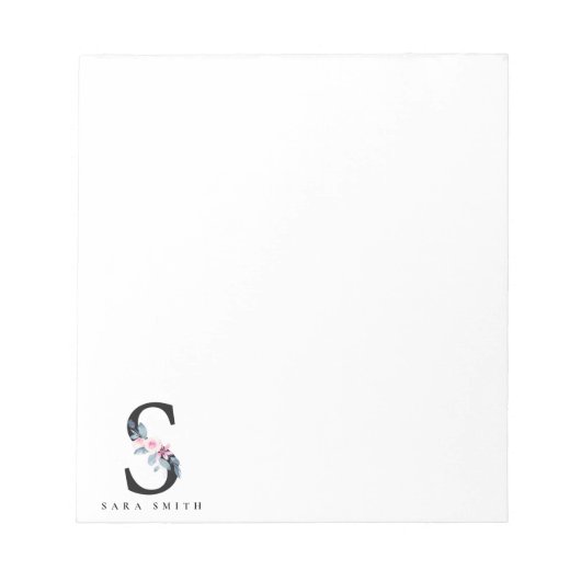 ソフト赤面ブルーフローラアルファベット名S ノートパッド (正面)