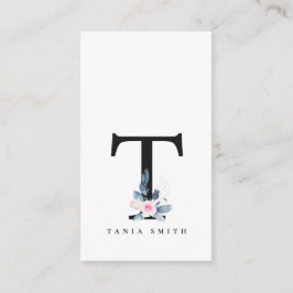 ソフト赤面ブルーフローラアルファベット名T 名刺