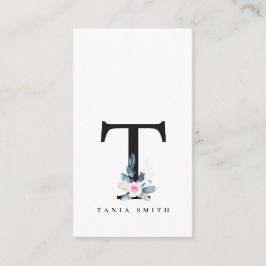 ソフト赤面ブルーフローラアルファベット名T 名刺 (正面)