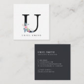 ソフト赤面ブルーフローラアルファベット名U スクエア名刺 (正面/裏面)