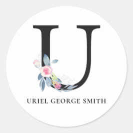 ソフト赤面ブルーフローラアルファベット名U ラウンドシール