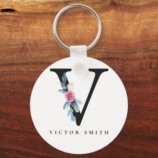 ソフト赤面ブルーフローラアルファベット名V キーホルダー (正面)